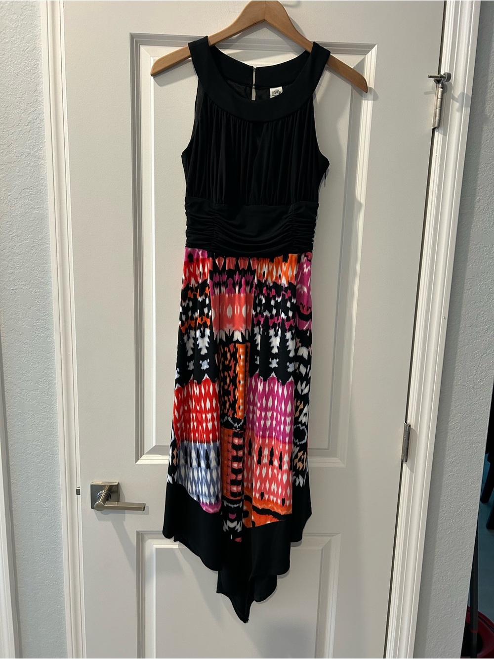 Signature by Sangria Black Bodice High-Low Dress with Multicolor Patterned Skirt